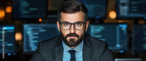 A focused professional man with glasses and a beard, sitting in front of multiple computer screens displaying code.