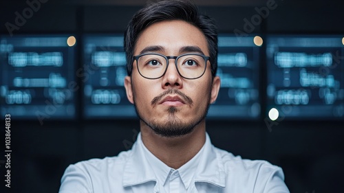 A focused individual in glasses and a lab coat stands confidently against a technology backdrop, suggesting expertise in a scientific or analytical field.