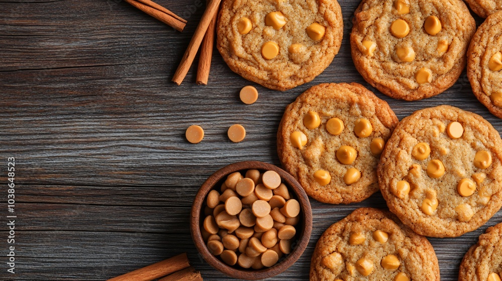 Butterscotch chip cookies on a polished wooden surface, with a small bowl of butterscotch chips and decorative cinnamon sticks Butterscotch chip cookies on a polished wooden surface, with a small bowl of butterscotch chips and decorative cinnamon sticks