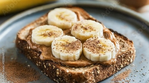 a slice of whole grain bread spread with almond butter, banana slices and cinnamon