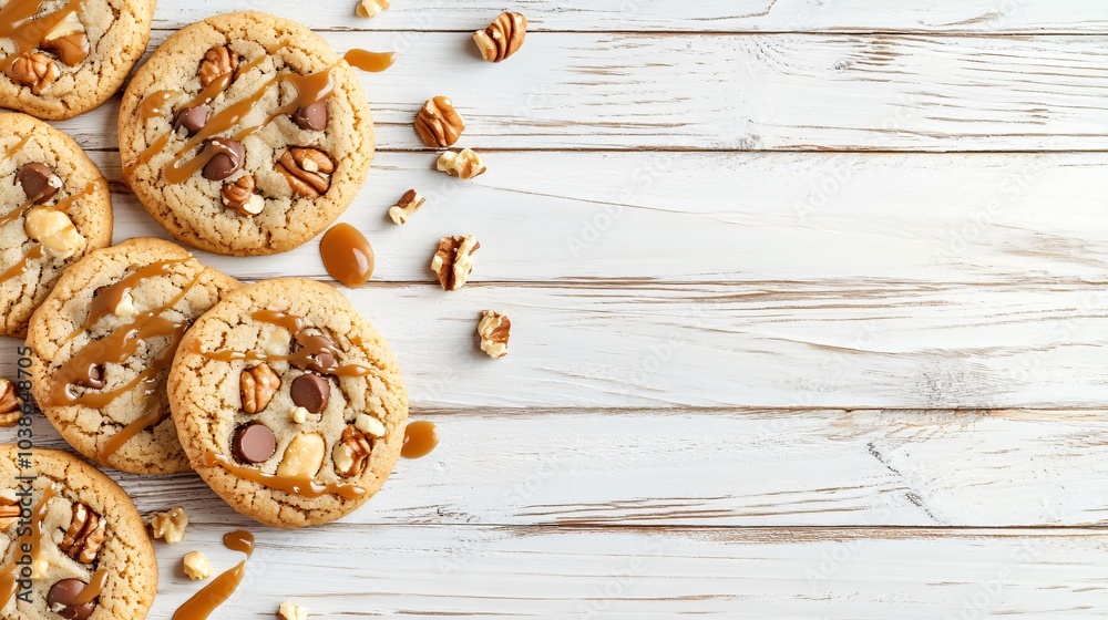 Chewy butterscotch chip cookies, isolated on a pale wooden background, with caramel drizzle and decorative nuts scattered around Chewy butterscotch chip cookies, isolated on a pale wooden background, with caramel drizzle and decorative nuts scattered around