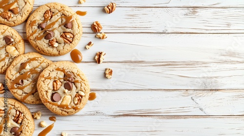 Chewy butterscotch chip cookies, isolated on a pale wooden background, with caramel drizzle and decorative nuts scattered around