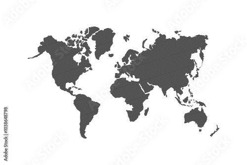 World map with black and gray diagonal striped elements.