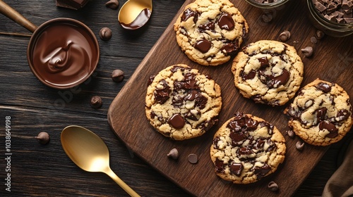 Chunky chocolate chip cookies on a dark wood cutting board, with melted chocolate and gold spoon accents nearby