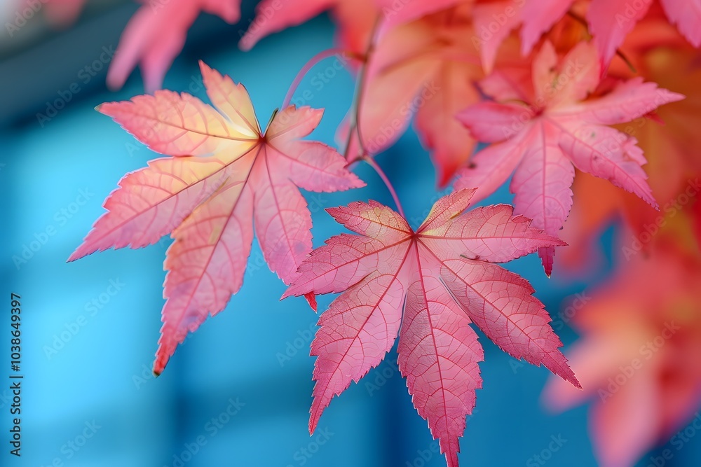 Vibrant Autumn Maple Leaves Against a Soft Blue Background for Seasonal Design Vibrant Autumn Maple Leaves Against a Soft Blue Background for Seasonal Design