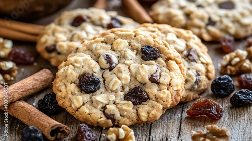 Close up of oatmeal raisin chip cookies on a rustic wooden table, surrounded by cinnamon sticks, walnuts, and dried fruit