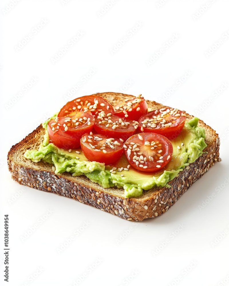 a slice of whole grain toast topped with smashed avocados, tomato slices and sesam seeds a slice of whole grain toast topped with smashed avocados, tomato slices and sesam seeds