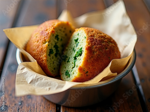 Two pieces of bread with green stuff in them are sitting in a bowl