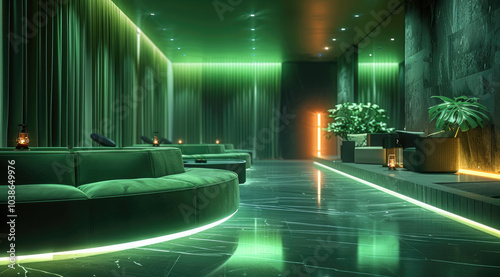 A modern green and black hotel room with a conversation pit. neon lighting and modern fixtures blurred in the background. the lighting is dynamic and vibrant.