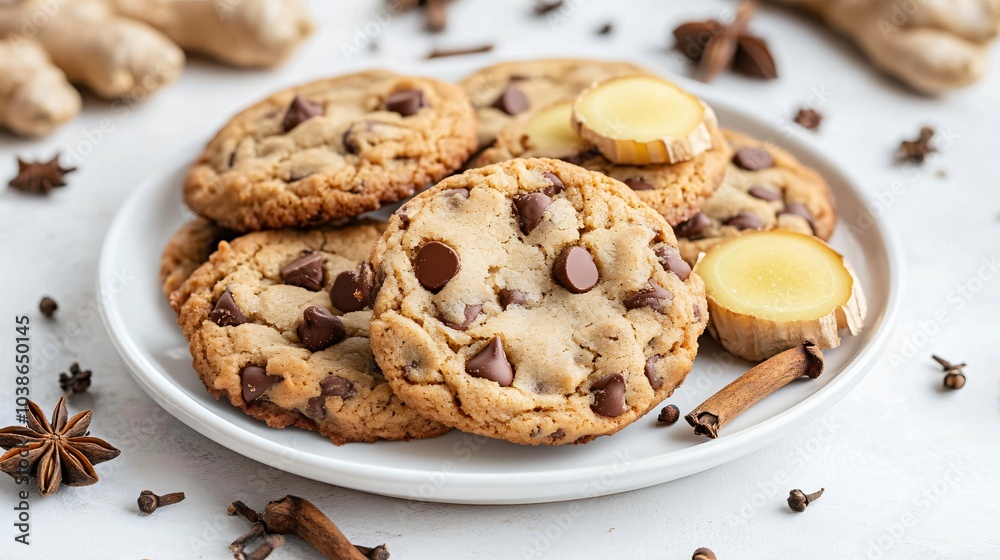 Crispy ginger chip cookies on a white porcelain plate, surrounded by star anise, cloves, and ginger root slices Crispy ginger chip cookies on a white porcelain plate, surrounded by star anise, cloves, and ginger root slices