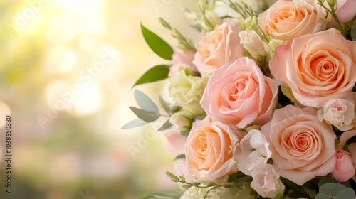 A beautiful bouquet of soft peach roses and delicate white flowers, set against a softly blurred background bathed in warm light.