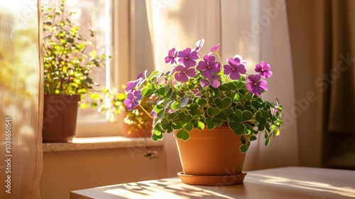 Purple Shamrock plant placed in a corner of a sunlit room, creating a pop of color against neutral walls.