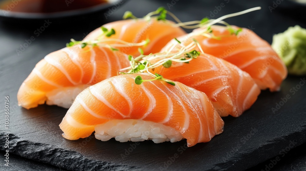 Fresh Salmon Sushi on Black Slate Plate Fresh Salmon Sushi on Black Slate Plate