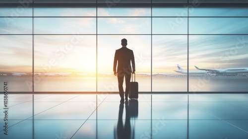 Unrecognizable Man With Bag And Suitcase Walking In Airport, Rear View