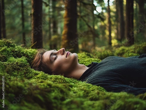 A scenic forest retreat, with a person lying on a bed of soft moss, eyes closed, breathing deeply, fully immersing in the surrounding nature as part of their forest bathing practice photo