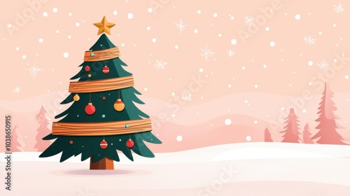 A festive Christmas tree adorned with ornaments and a star, set against a snowy pink background, creating a cheerful winter scene.