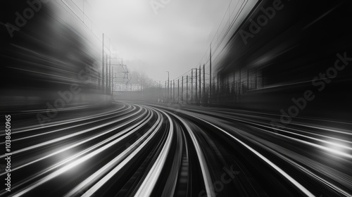 A blurred perspective of train tracks curving into the distance, evoking a sense of motion and speed in a monochromatic setting.