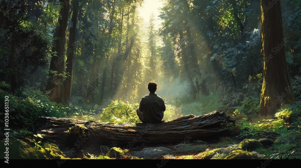 A relaxing forest scene with a person sitting on a fallen tree, gazing up at the towering trees, fully immersed in the present moment as they practice Shinrin-yoku