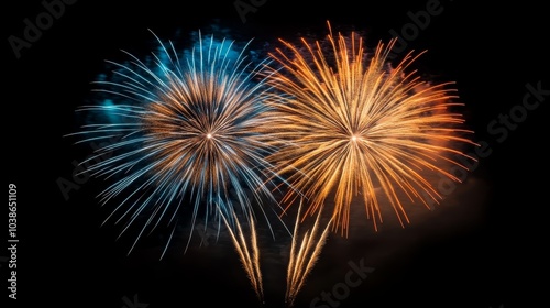 A vibrant display of blue and orange fireworks lighting up the night sky in celebration, creating a festive atmosphere.