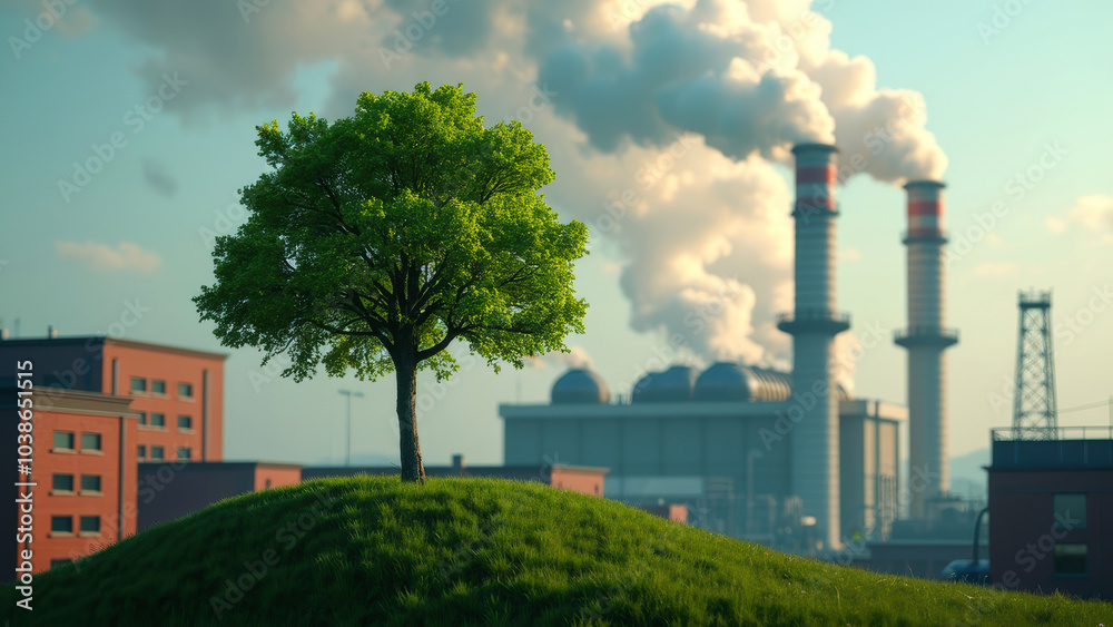 Obraz premium Contrasting image of a lone green tree amidst industrial buildings with chimneys releasing smoke