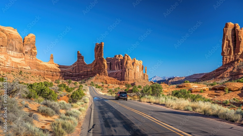 A panoramic view of Arches National Park, with towering rock formations A panoramic view of Arches National Park, with towering rock formations