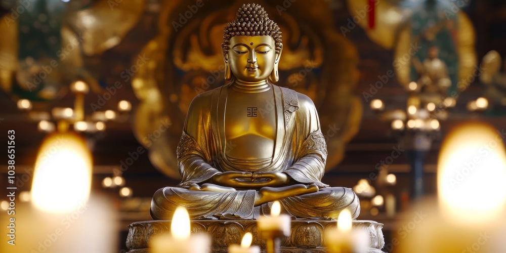 Fototapeta premium A serene golden Buddha statue surrounded by candles and incense, creating a tranquil and spiritual atmosphere perfect for meditation and cultural themes