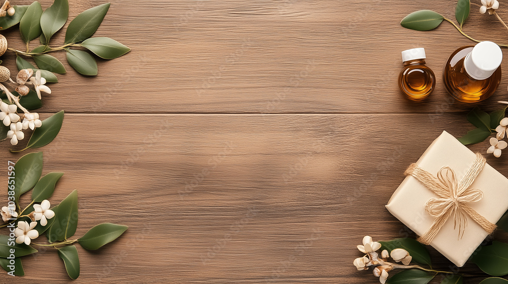 Essential oils and aromatherapy items displayed on a wooden surface surrounded by natural elements and a gift box Essential oils and aromatherapy items displayed on a wooden surface surrounded by natural elements and a gift box