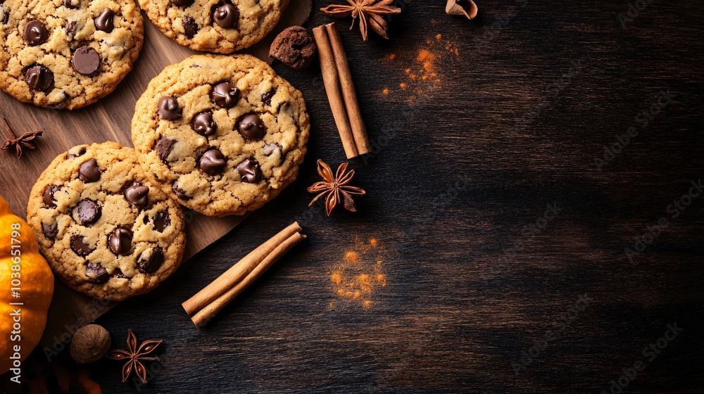 Pumpkin spice chip cookies on a dark wooden surface, surrounded by cinnamon sticks, nutmeg, and pumpkin puree decorations Pumpkin spice chip cookies on a dark wooden surface, surrounded by cinnamon sticks, nutmeg, and pumpkin puree decorations