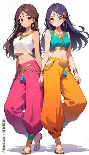 Two anime women in colorful outfits stand side-by-side. photo