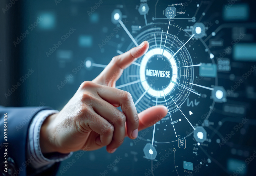 The hand touches the virtual settings button, on a blue background