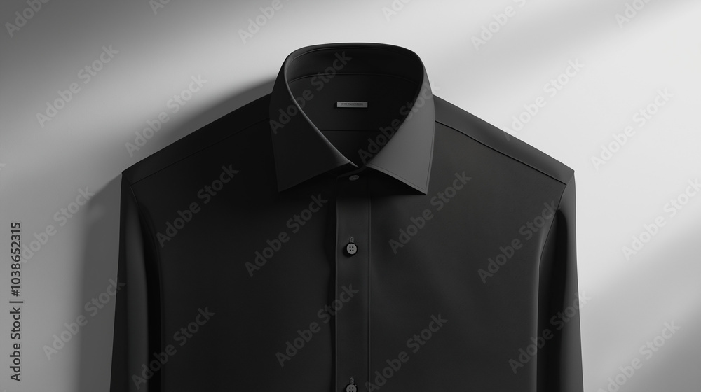 a black long-sleeve dress shirt laid flat against a plain background. The shirt features a classic collar and buttons down the front, suggesting a formal or business-casual style a black long-sleeve dress shirt laid flat against a plain background. The shirt features a classic collar and buttons down the front, suggesting a formal or business-casual style