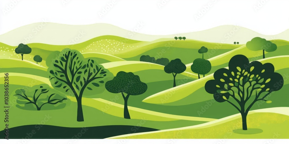 Obraz premium An artistic illustration of a vibrant green landscape featuring stylized trees and rolling hills, ideal for themes related to nature, environmental design, and landscape creativity.
