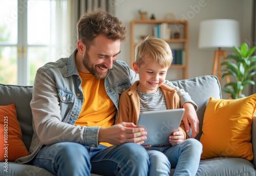 father and son are sitting on the couch looking at a tablet and laughing