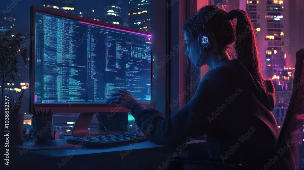 Obraz premium Young Female Programmer Working Late in Office. Generative AI.