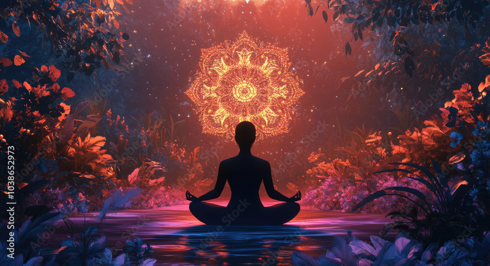 A person meditating in the lotus position, set in an ethereal, cosmic environment with glowing mandala patterns surrounding them. A person meditating in the lotus position, set in an ethereal, cosmic environment with glowing mandala patterns surrounding them.