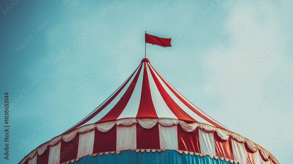 a classic circus tent with a striped red and white canopy. The tent features a rounded top with a small flag, and the lower section has blue panels, giving it a festive, vintage appearance a classic circus tent with a striped red and white canopy. The tent features a rounded top with a small flag, and the lower section has blue panels, giving it a festive, vintage appearance