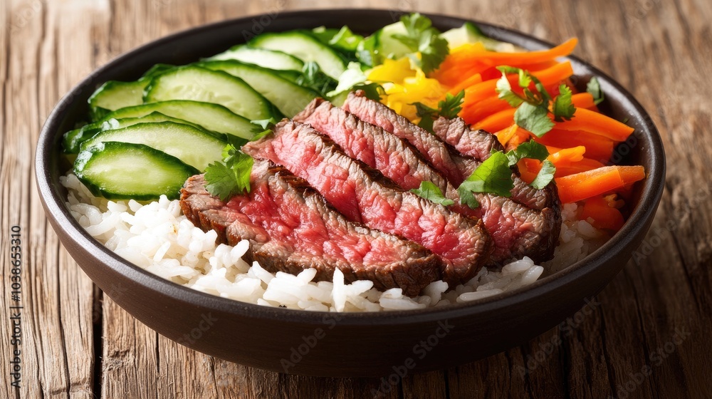 Delicious Beef Bowl with Fresh Vegetables and Rice Delicious Beef Bowl with Fresh Vegetables and Rice