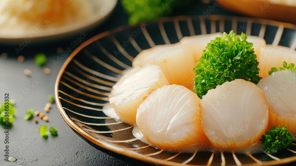 A close-up view of sliced scallops garnished with parsley, served on a decorative plate, highlighting fresh seafood. A close-up view of sliced scallops garnished with parsley, served on a decorative plate, highlighting fresh seafood.