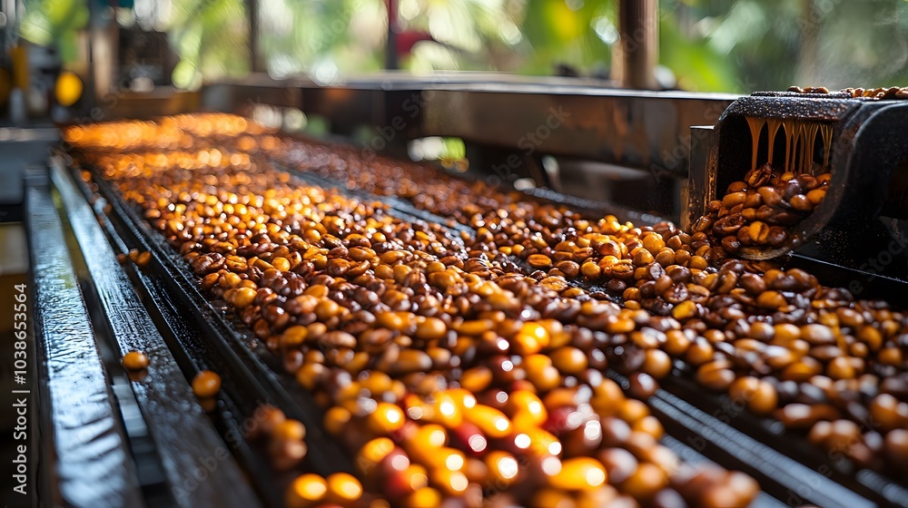 Coffee Beans on a Conveyor Belt Coffee Beans on a Conveyor Belt