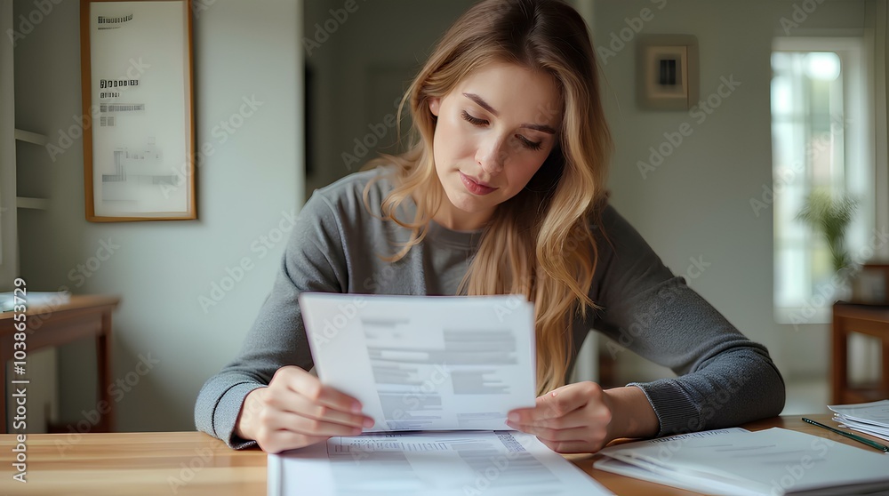 focused lady, homebound, delves into bank statements and utility bills, exemplifying financial planning and savings, bank document paperwork of investment tax examination check or credit payment work focused lady, homebound, delves into bank statements and utility bills, exemplifying financial planning and savings, bank document paperwork of investment tax examination check or credit payment work