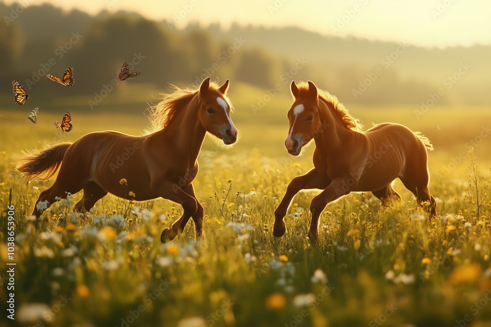 Fototapeta premium Energetic Foals Playing in Sunlit Meadows