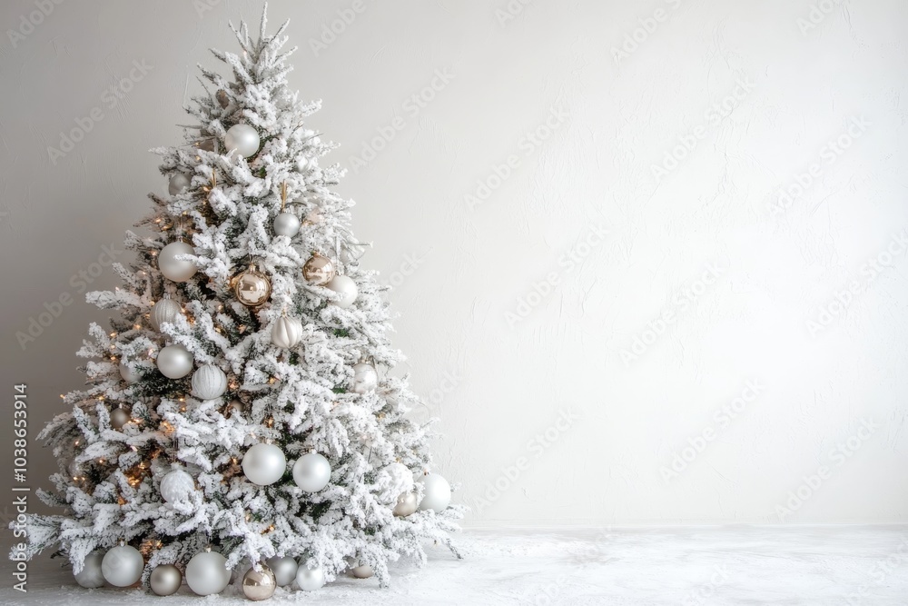 White Christmas Tree with Silver and Gold Ornaments and Lights in a White Room White Christmas Tree with Silver and Gold Ornaments and Lights in a White Room