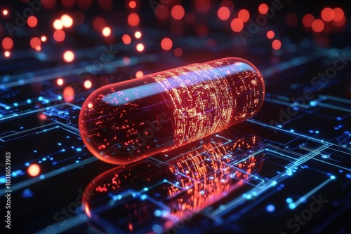 Digital pill technology for health concept. A glowing red capsule rests on a digital circuit board surrounded by shimmering particles symbolizing the intersection of technology and health photo