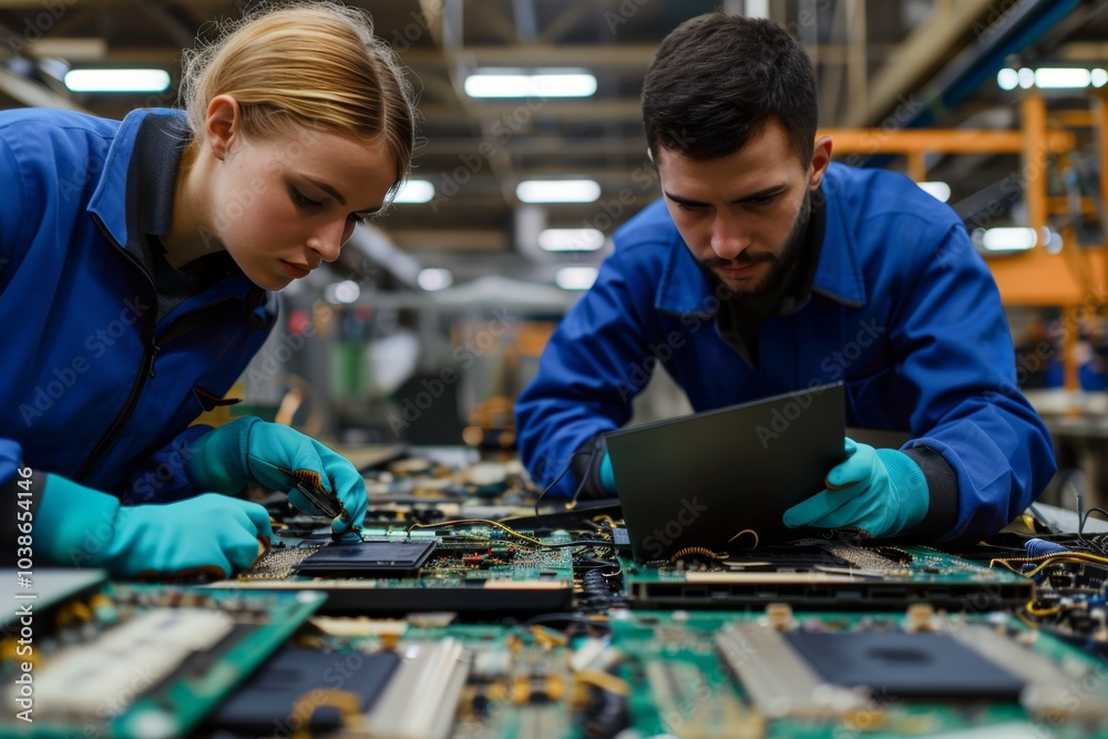Caucasian male and female workers dismantling old laptops for microchip production in an electronics recycling factory Caucasian male and female workers dismantling old laptops for microchip production in an electronics recycling factory