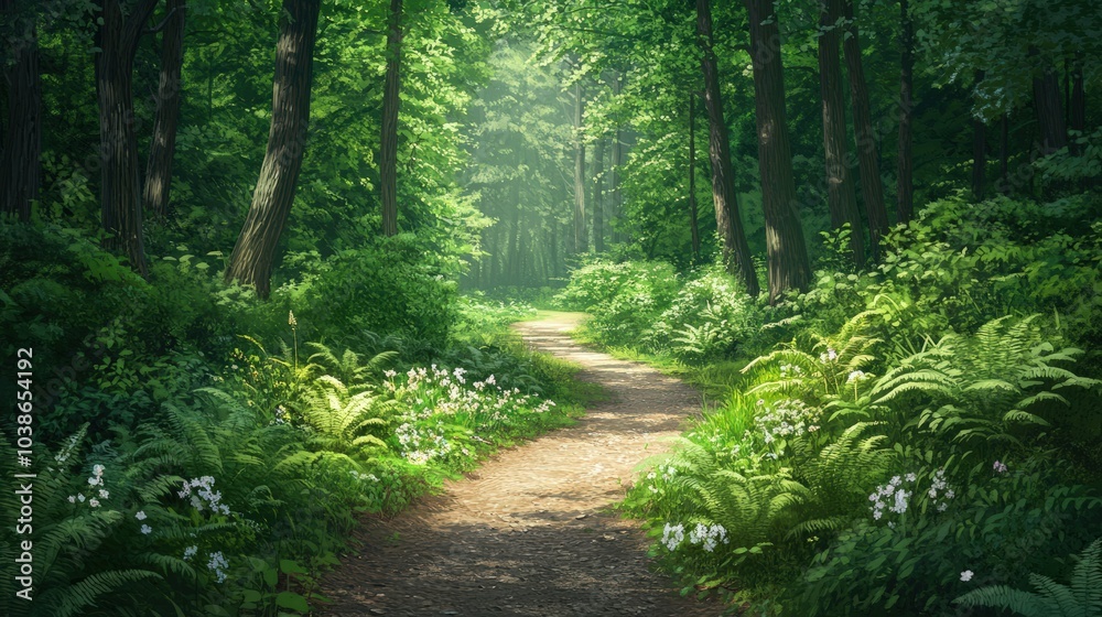 Obraz premium A peaceful forest path lined with ferns and wildflowers, with a person gently walking through, enjoying the stillness and fresh air as part of their Shinrin-yoku practice, surrounded by dense greenery