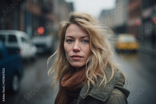 Portrait of a beautiful young woman with blond hair in the city