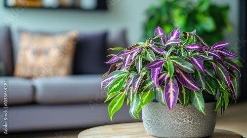 Wandering Jew plant arranged in a living room, its vibrant purple and green leaves contrasting with the modern decor. photo