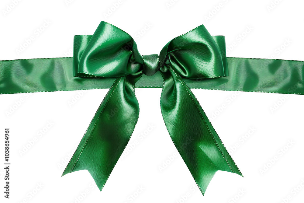 Cheerful green holiday ribbon bow adorning a gift package isolated on transparent background Cheerful green holiday ribbon bow adorning a gift package isolated on transparent background