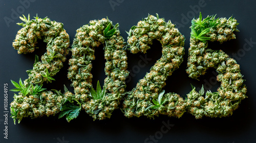 2025 digits made of marijuana buds, happy New Year