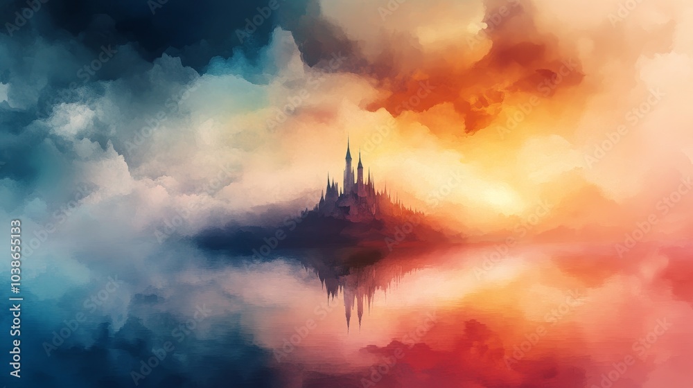 Fototapeta premium Floating Castles in a Rainbow Sky, Enchanting landscape with whimsical architecture, Soft pastel hues, Imaginative dreamscape